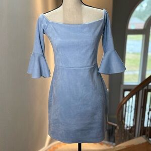 Missguided Strapless Baby Blue Suede-like Mini Dress with Ruffle Sleeves